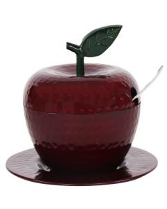 Honey Dish Apple Shape Red Green leaf Aluminum With Tray & Spoon