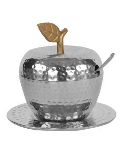Honey Dish Apple Shape Stainless Steel Hammered Gold Leaf With Tray & Spoon