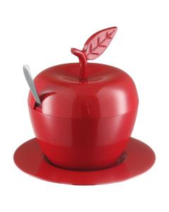 Honey Dish Apple Shape Red Aluminum With Tray & Spoon