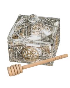 Crystal Honey Dish with Metal Plaque (Silver & Gold)