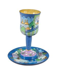 Wooden Kiddush Cup and Saucer - Jerusalem Blue