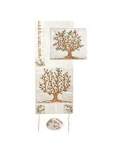 Raw Silk Machine Embroidered Tallit Tree of Life Gold/White
