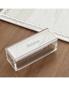 Lucite & Leatherette Matches Box with Text Design - Silver