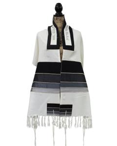 Tallis Viscose Grey Striped Embroidery With Bag & Kippah - Yair Emanuel Collection