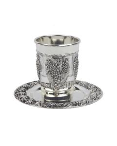 Nickle Plated Kiddush Cup and Tray - Grapes
