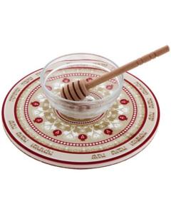 Ceramic Rosh Hashanah Plate w/ Honey Dish & Spoon - Pomegranate (Red)
