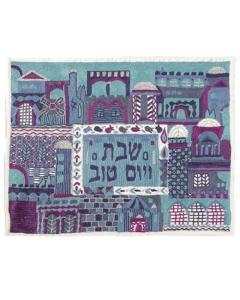 Hand Embroidered Challa Cover - Jerusalem in blue