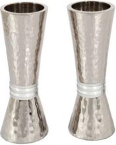 Emanuel Conical Shaped Nickle Hammered Candlesticks - Silver Rings
