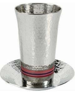 Nickel Hammered Kiddush Cup and Plate - Silver/ Reds - Yair Emanuel Collection