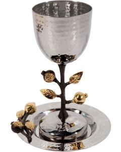 Tall Hammered Kiddush Cup with Pomegranate Branch   - Yair Emanuel Collection