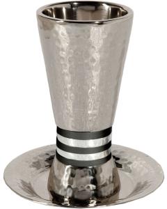 Nickel/ Anodized Aluminum Hammered Kiddush Cup Cone Shape - Black Rings - Yair Emanuel Collection