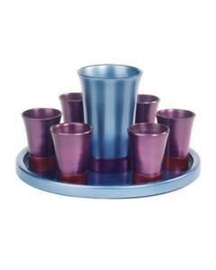 Anodized Aluminum Kiddush Set with Tray - Blue and Lavender (Set)