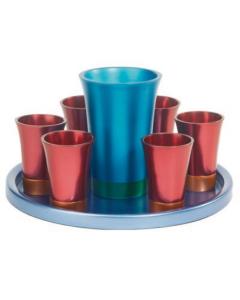 Anodized Aluminum Kiddush Set with Tray - Turquoise and Red (Set)