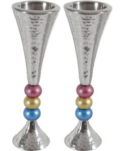 Anodized Aluminum Beaded Stem Hammered Candlesticks - Silver/Multicolor (Yair Emanuel Collection)