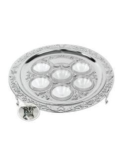 Silver Plated Seder Plate With Legs 3"H X 15.5"W 6 Glass Liners Included