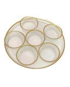 Glass Seder Tray with Gold Beaded Trim and 6 Bowls