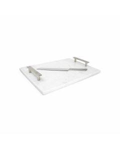 Marble Challah Board with Beaded Handles and Knife (Silver)