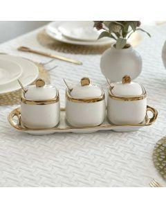Coffee Tea and Sugar Porcelain Pots with Gold Trim (White)