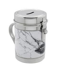 Silver Tzedakah Box with Grey Marble Design