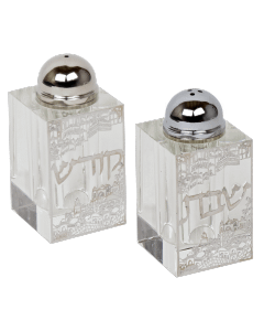 Crystal Salt And Pepper Shaker Set With Silver Plaque