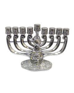 Silver Polyresin Menorah with Oil Jug - Jerusalem Design