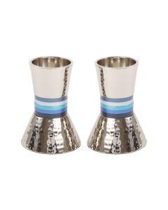 Hammered Short Candlesticks - Blue Rings  - Yair Emanuel Collection