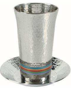 Nickel Hammered Kiddush Cup and Plate - Silver/ Multicolor - Yair Emanuel Collection