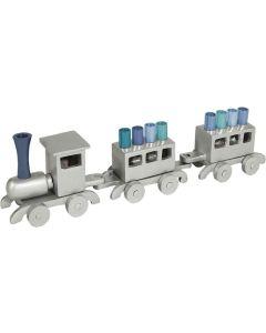 Anodized Chanukah Menorah, Train-- Silver with Blues  - Yair Emanuel Collection
