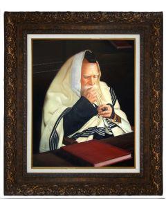 Painting of Rabbi Moshe Feinstein Davening - Brown Frame