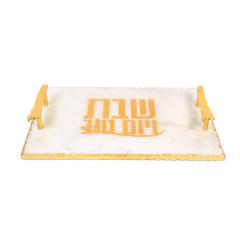 White Marble Bread Tray with Gold Printing,  Gold Handles and Gold Foiling