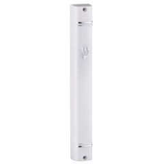 Plastic Mezuzah with Back Opening and Silver Shin (White)