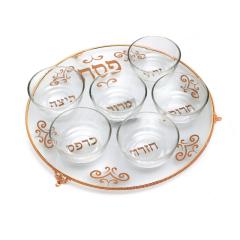 Seder Plate Gold Wire with 6 Bowls Clean Glass Iron Feet
