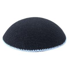 Black Knit Kippa w/ Blue Stripe - 18 cm