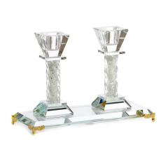 Crystal Candlestick Pair On Tray - Gold Foot