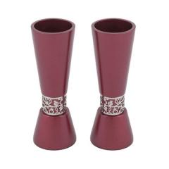 Emanuel Large Maroon-Toned Hammered Candlesticks  with Silver-Toned Pomegranate Metal Cutout