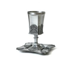 Kiddush Cup with Stem and Matching Tray Silver Plated Filigree Design