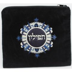 Black Velvet Tefillin Bag with a Circular Jerusalem Design – Large