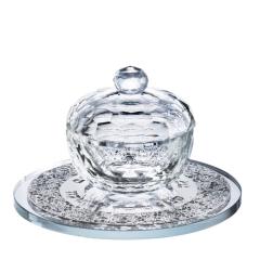 Crystal Honey Dish With Floral Silver 3 Pc