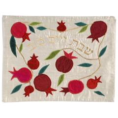 Raw Silk Appliqued Challa Cover - Pomegranates - white