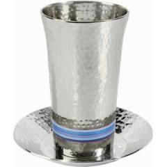 Nickel Hammered Kiddush Cup and Plate - Silver/ Blues - Yair Emanuel Collection