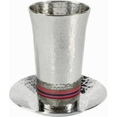 Nickel Hammered Kiddush Cup and Plate - Silver/ Reds - Yair Emanuel Collection