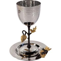 Tall Hammered Kiddush Cup with Grape Branch  - Yair Emanuel Collection
