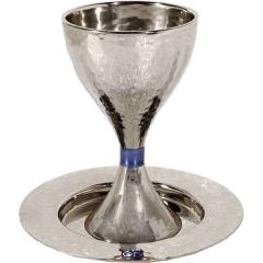 Nickel/ Anodized Hammered Kiddush Cup Modern - Blue Ring - Yair Emanuel Collection