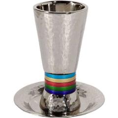 Nickel/ Anodized Aluminum Hammered Kiddush Cup Cone Shape - Multicolor Rings - Yair Emanuel Collection