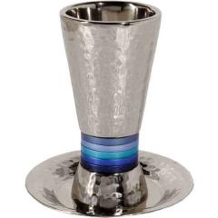 Nickel/ Anodized Aluminum Hammered Kiddush Cup Cone Shape - Blue Rings - Yair Emanuel Collection