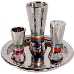Nickel Havdalah Set - Hammered Conical Shape- Multicolor Rings  -Yair Emanuel Collection