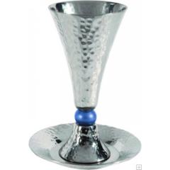 Alluminum Kiddush Cup and Plate with Single Bead - Blue - Yair Emanuel Collection