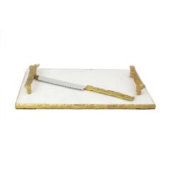 White marble Challah tray with Gold Crumbled Handles and Knife