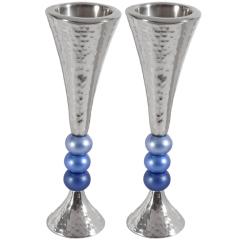 Anodized Aluminum Beaded Stem Hammered Candlesticks - Silver/Blues (Yair Emanuel Collection)