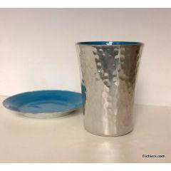 Hammered Alluminum with Enamel Kiddush Cup and Plate - Turquoise